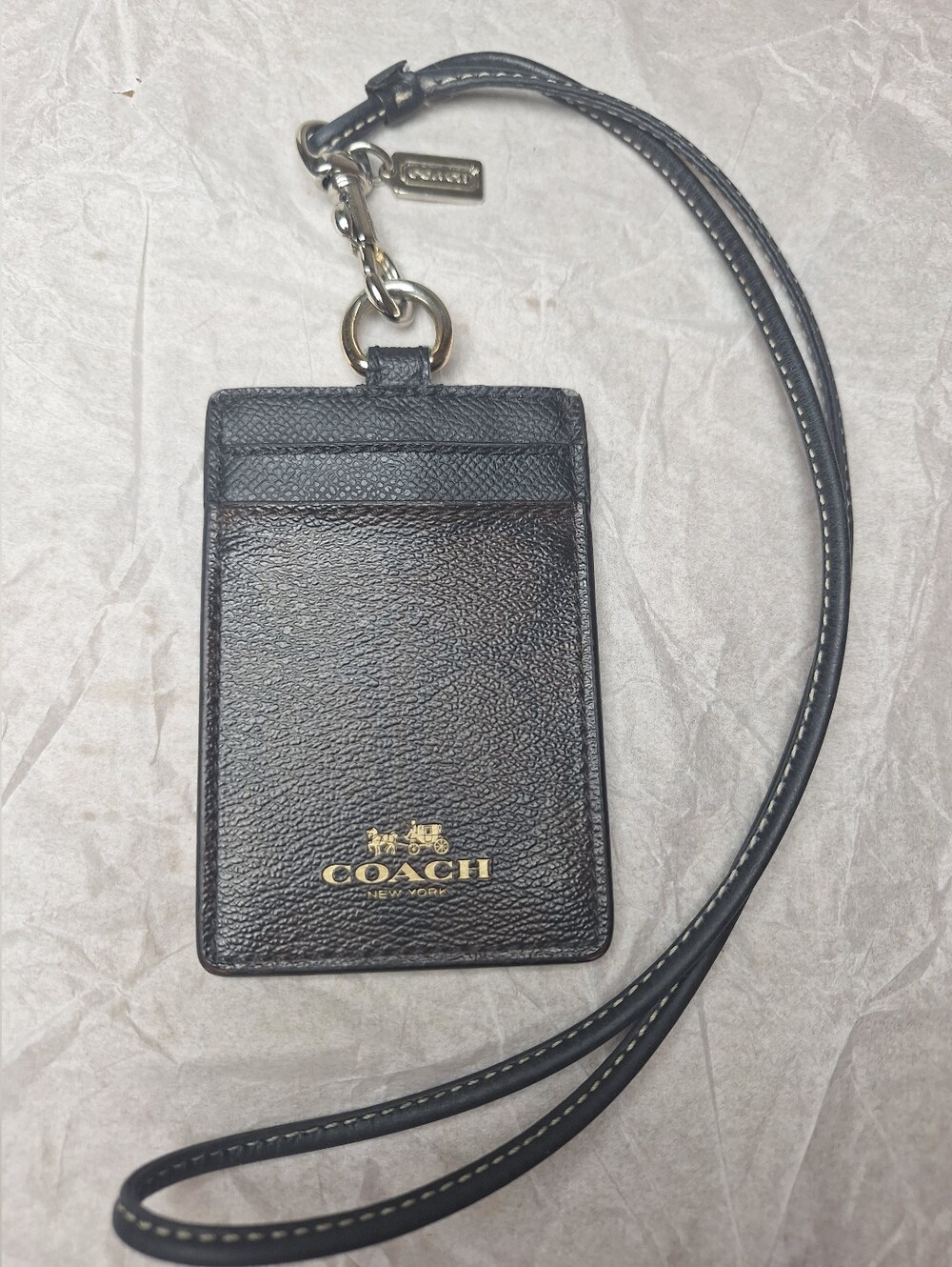​COACH ID Lanyard Badge Holder Signature Canvas Brown Black Leather 63274 EUC